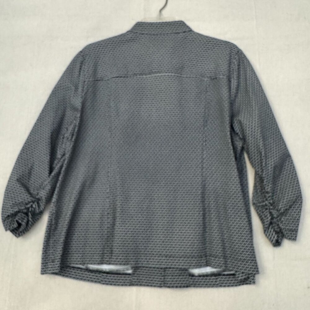 Chicos Black & White Button-Up Jacket Geometric Pattern Ruche Sleeve & Pockets 2 - Picture 2 of 13